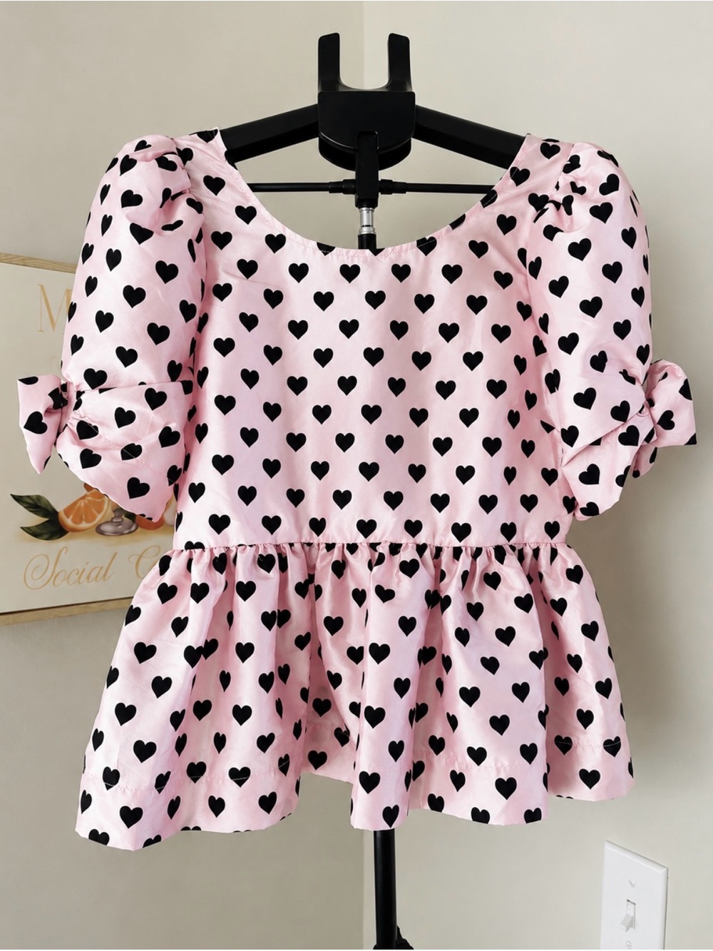 LoveShackFancy Pink Heart Print Peplum Top with Puff Sleeves